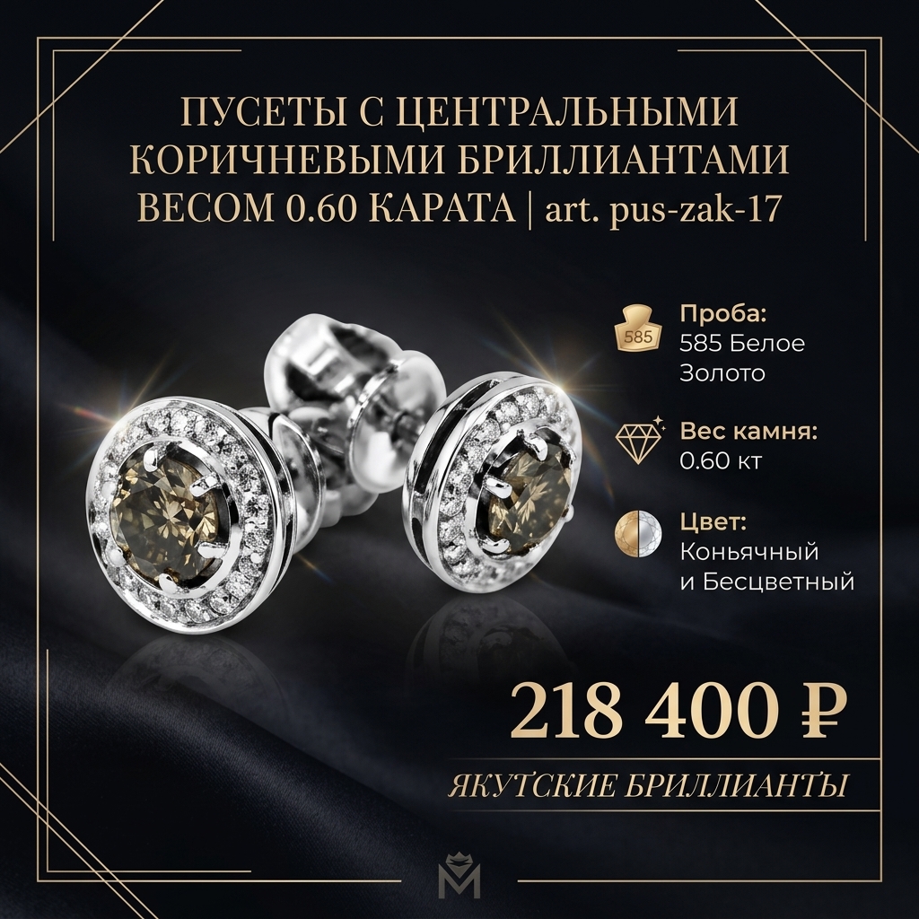 Пусеты с центральными коричневыми бриллиантами весом 0.60 карата pus-zak-17