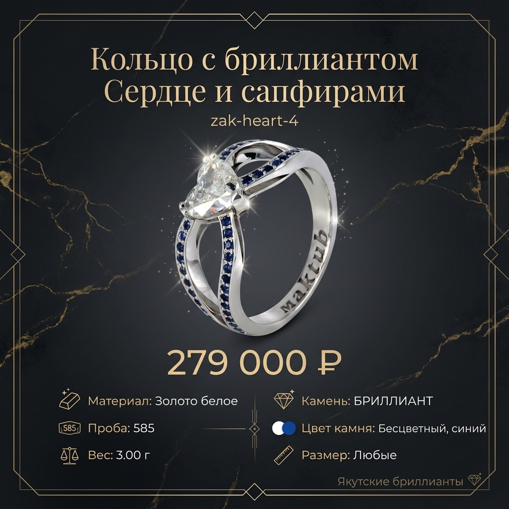 Кольцо с бриллиантом Сердце и сапфирами zak-heart-4