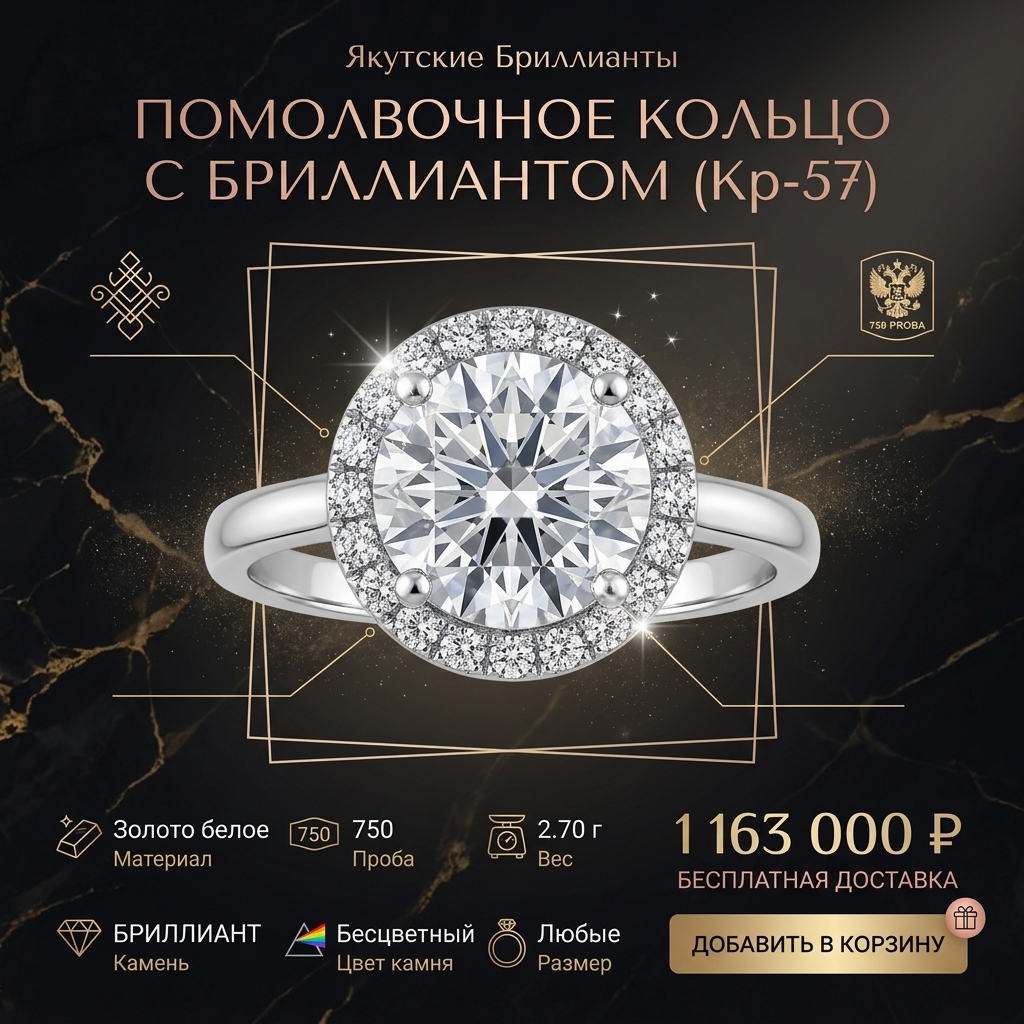 Помолвочное кольцо с круглым бриллиантом огранки Кр-57 в обрамлении zak-krug-48