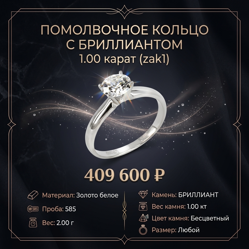 Помолвочное кольцо с бриллиантом 1.00 карат zak1