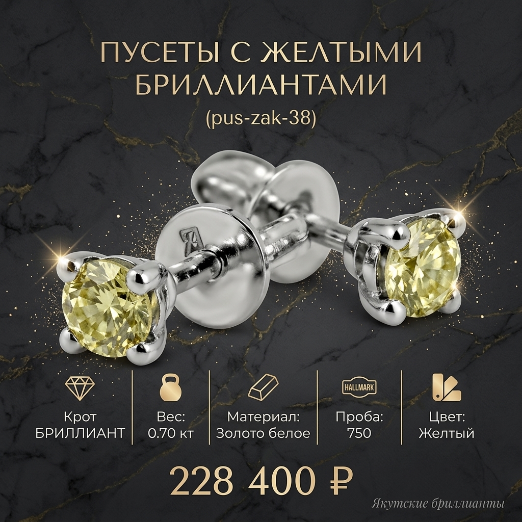 Пусеты с желтыми бриллиантами общим весом 0.70 карата pus-zak-38