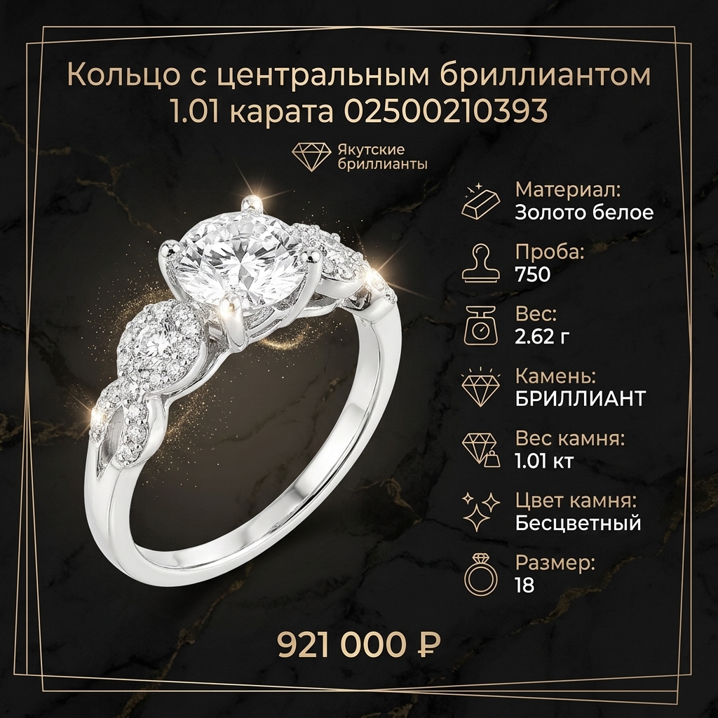 Кольцо с центральным бриллиантом 1.01 карата 02500210393