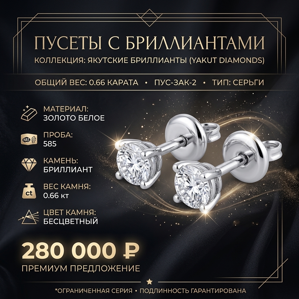 Пусеты с бриллиантами общим весом 0.66 карата pus-zak-2