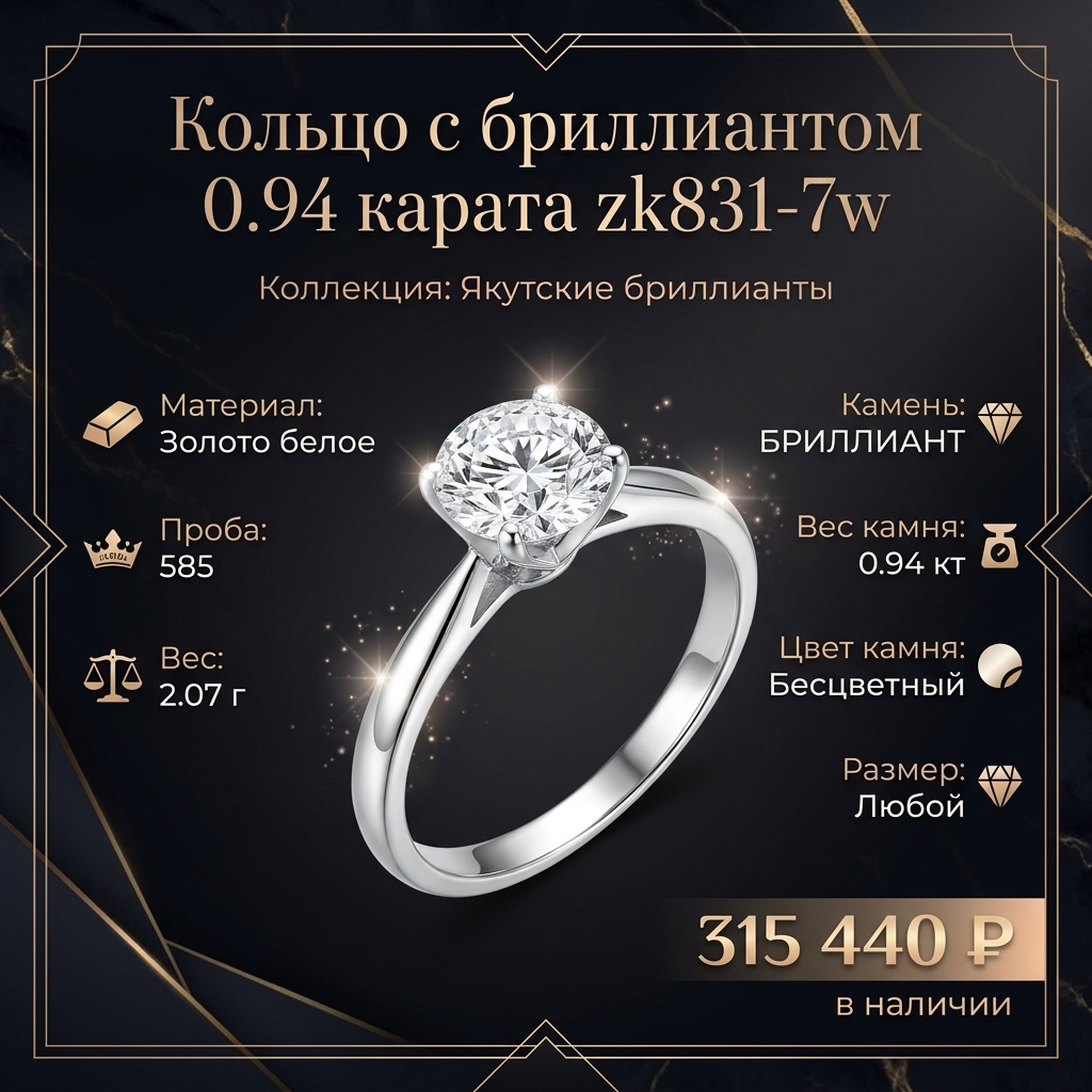 Кольцо с бриллиантом 0.94 карата zk831-7w