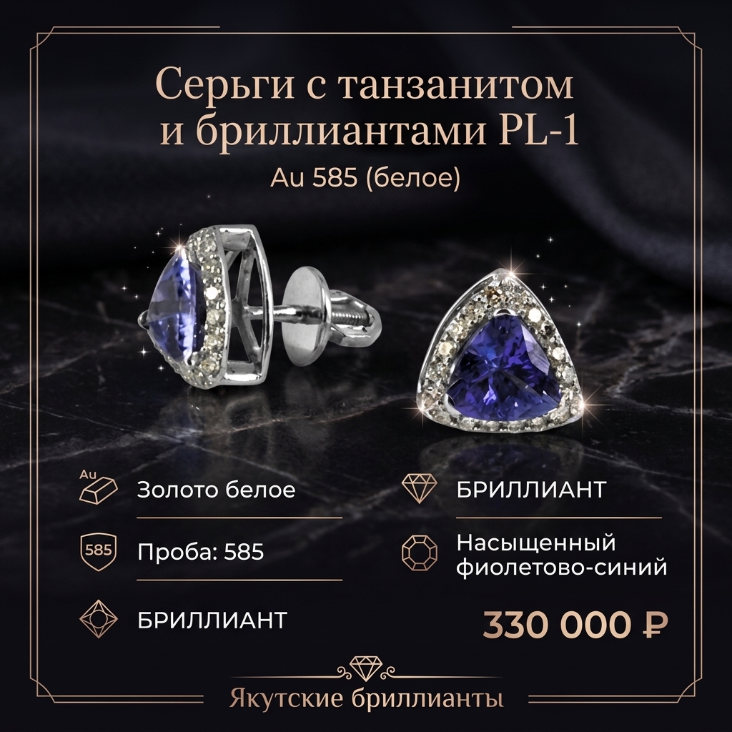 Серьги с танзанитом и бриллиантами PL-1  (Au 585 (белое))