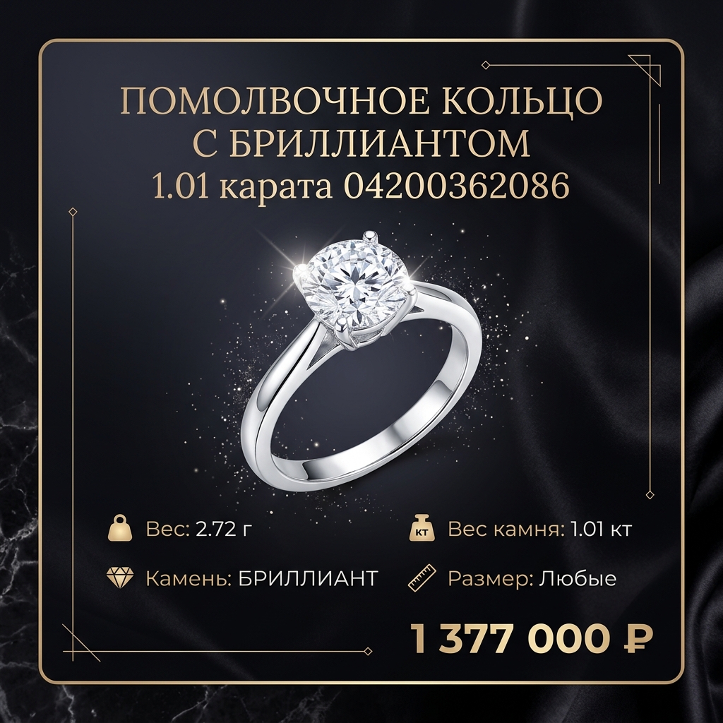 Помолвочное кольцо с бриллиантом 1.01 карата 04200362086